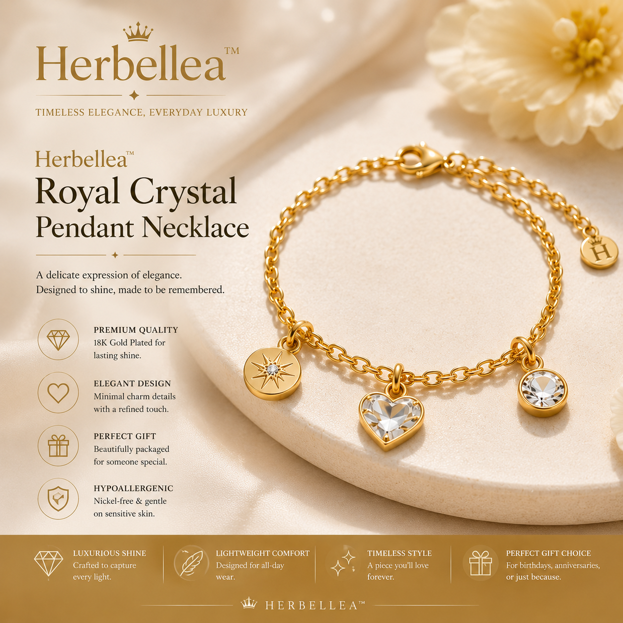 Herbellea™ Grace Charm Bracelet for Women | Elegant Gold Charm Jewelry | Personalized Minimal Bracelet Gift