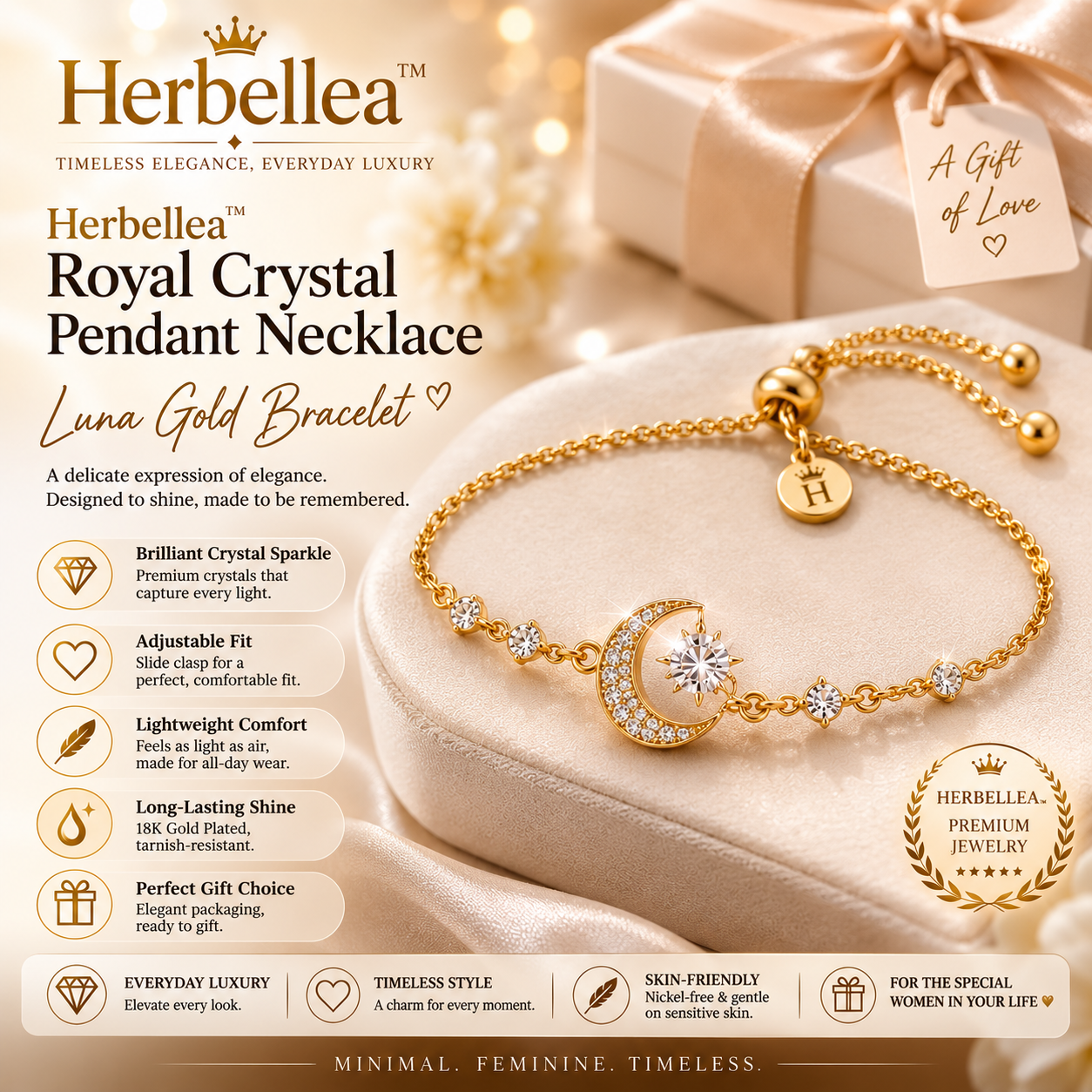 Herbellea™ Luna Gold Bracelet for Women | Adjustable Minimalist Chain Bracelet | Elegant Everyday Jewelry Gift