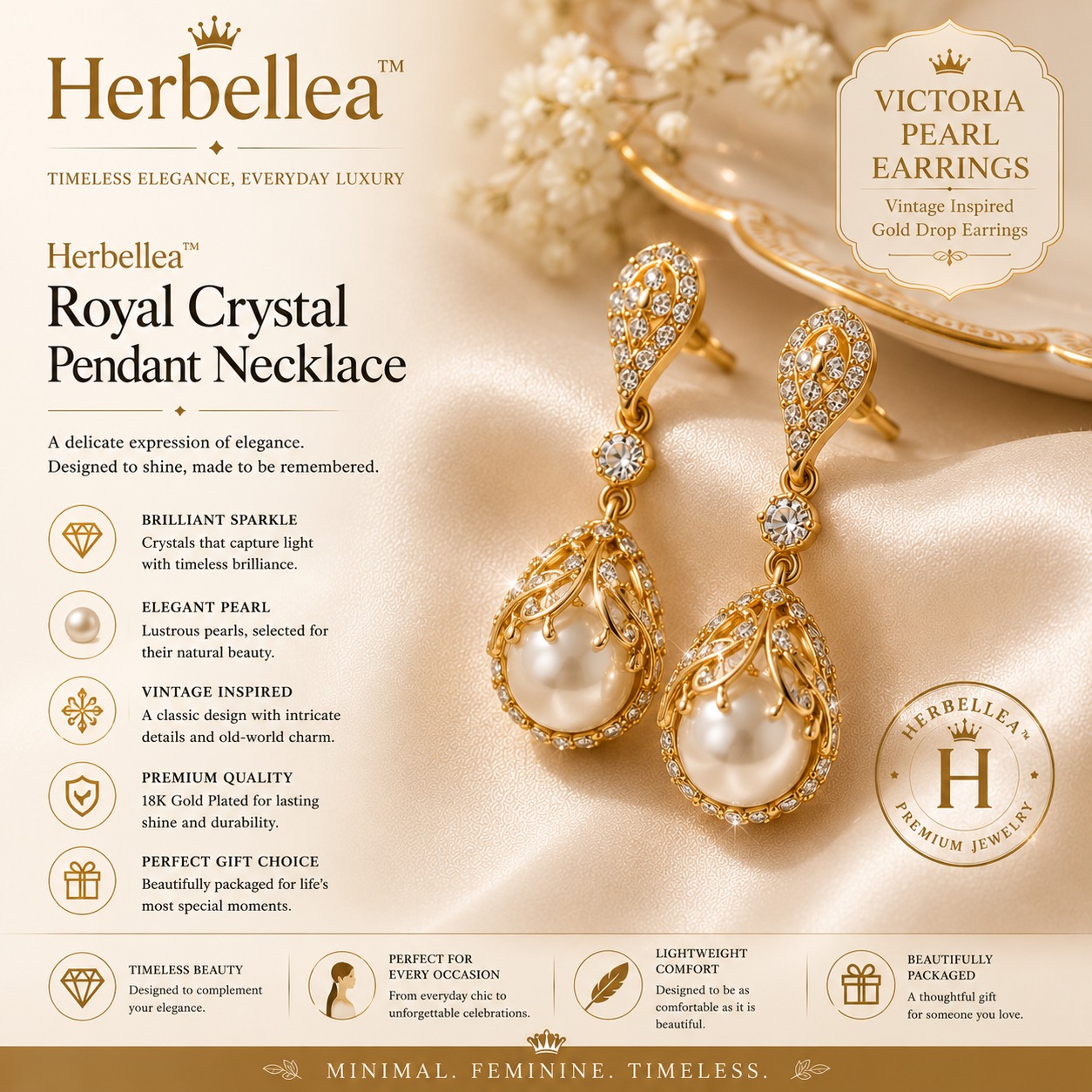 Herbellea™ Victoria Pearl Earrings for Women | Vintage Inspired Gold Drop Earrings | Elegant Bridal Jewelry & Gift