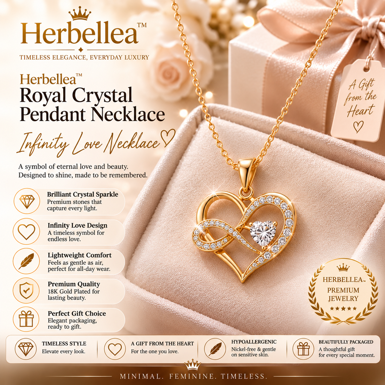 Herbellea™ Infinity Love Necklace for Women | Gold Heart Pendant Necklace | Romantic Minimal Jewelry Gift