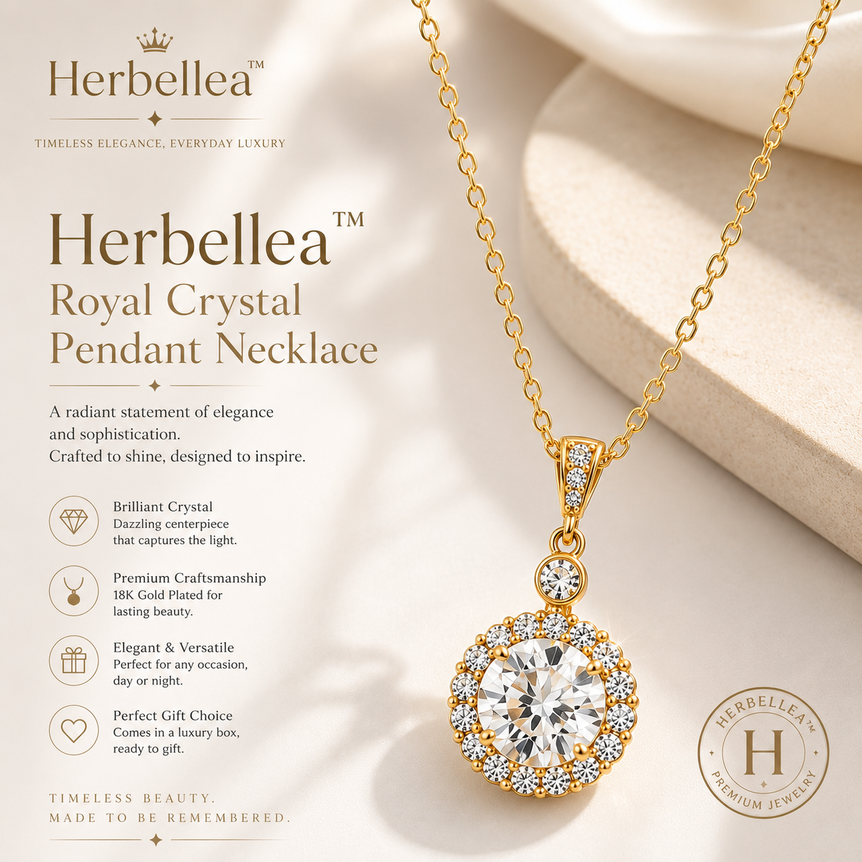 Herbellea™ Royal Crystal Pendant Necklace | Gold Statement Necklace for Women | Premium Elegant Jewelry Gift