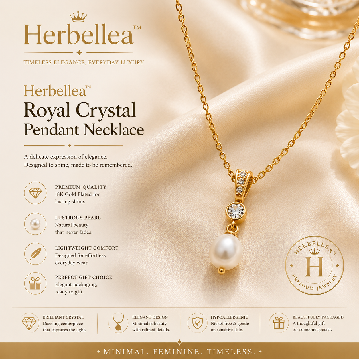 Herbellea™ Aurelia Pearl Drop Necklace for Women | Elegant Gold Layered Pendant Jewelry | Minimalist Pearl Necklace Gift for Her