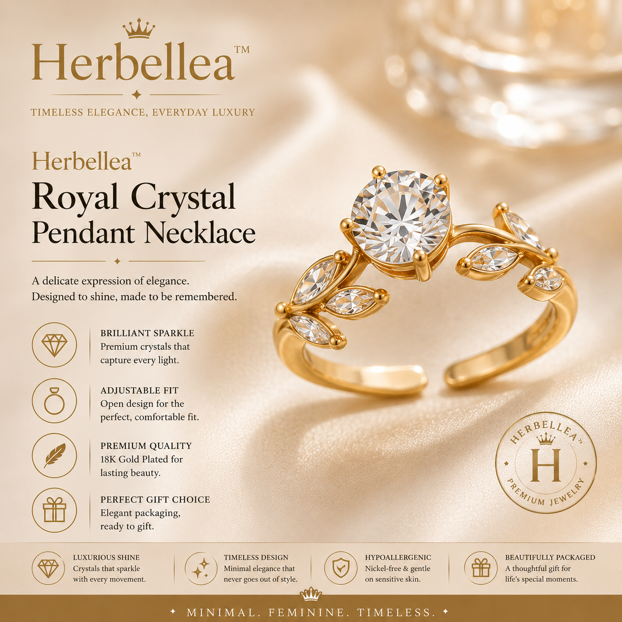 Herbellea™ Aurora Crystal Ring for Women | Adjustable Gold Statement Ring | Minimal Luxury Jewelry Gift