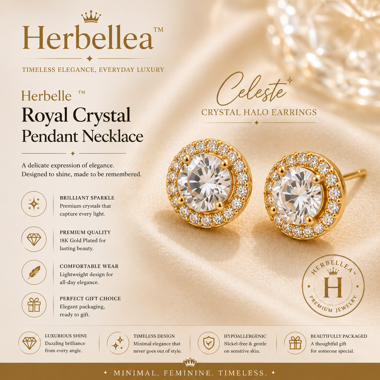Herbellea™ Celeste Crystal Halo Earrings | Luxury Gold Stud Earrings for Women | Sparkling Minimal Jewelry Gift