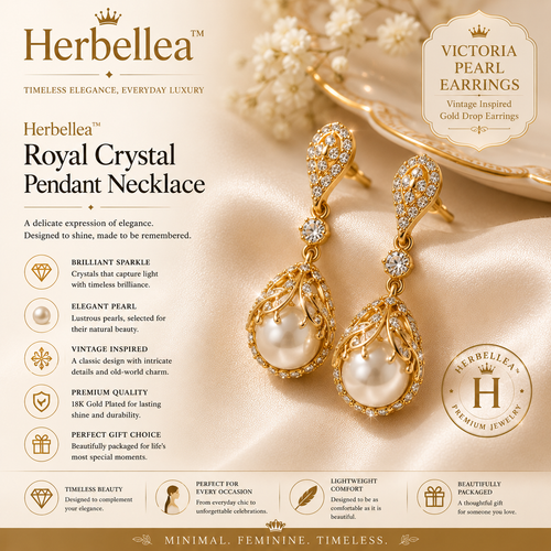 Herbellea™ Victoria Pearl Earrings for Women | Vintage Inspired Gold Drop Earrings | Elegant Bridal Jewelry & Gift