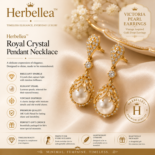 Herbellea™ Victoria Pearl Earrings for Women | Vintage Inspired Gold Drop Earrings | Elegant Bridal Jewelry & Gift