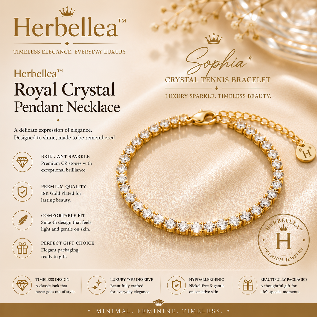 Herbellea™ Sophia Crystal Tennis Bracelet | Luxury Sparkle Bracelet for Women | Elegant CZ Diamond Jewelry Gift